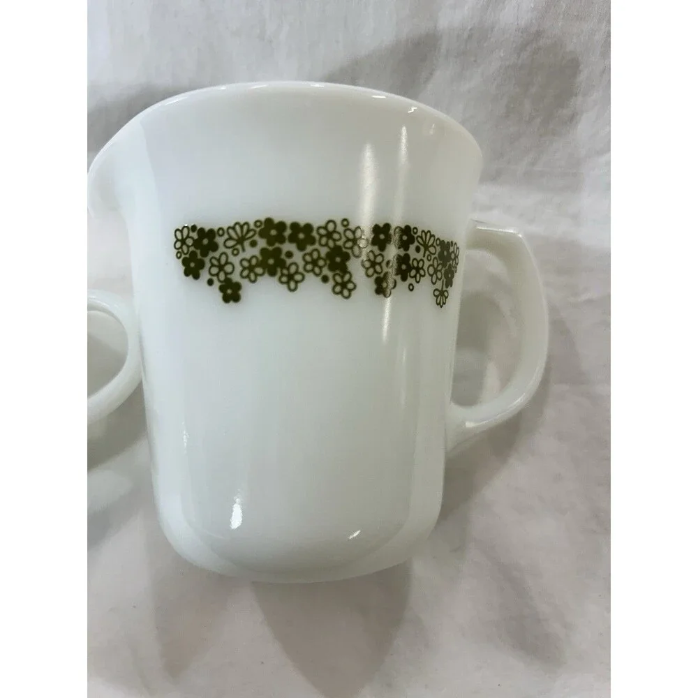 Vintage Pyrex Crazy Daisy Spring Blossom Green Creamer Coffee Cup Set 2 Pc